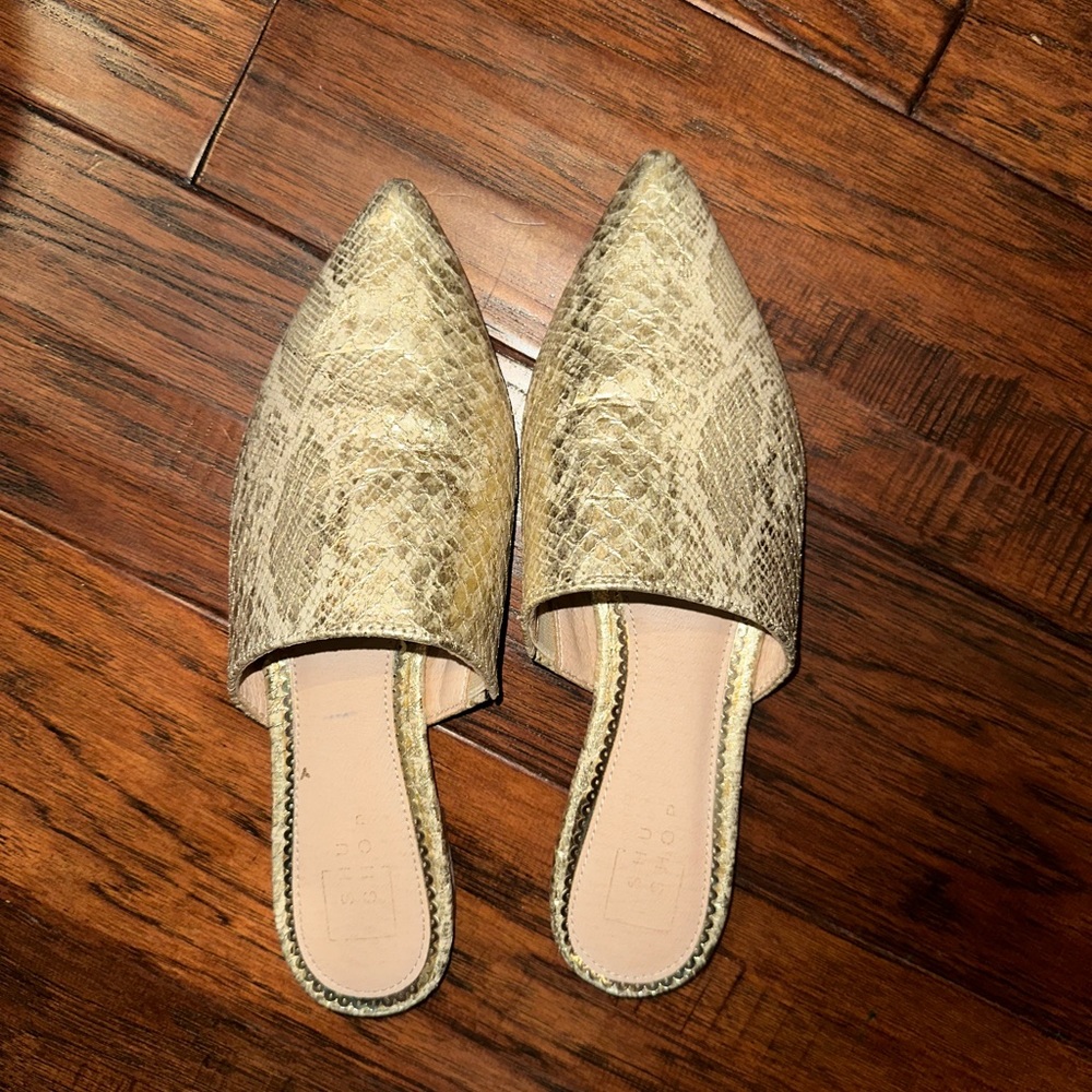 Snakeskin Gold Mules - Size 7.5